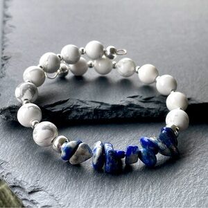 Artisan Natural Lapiz Lazuli And Howlite Gemstone Bracelet Cuff Bangle